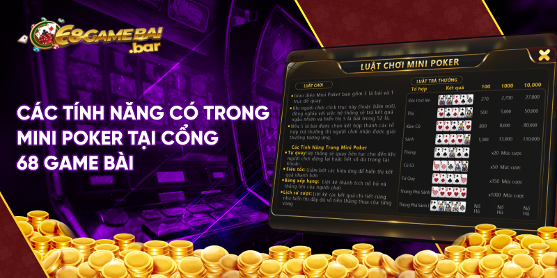 Các tính năng có trong Mini Poker tại cổng 68 game bài